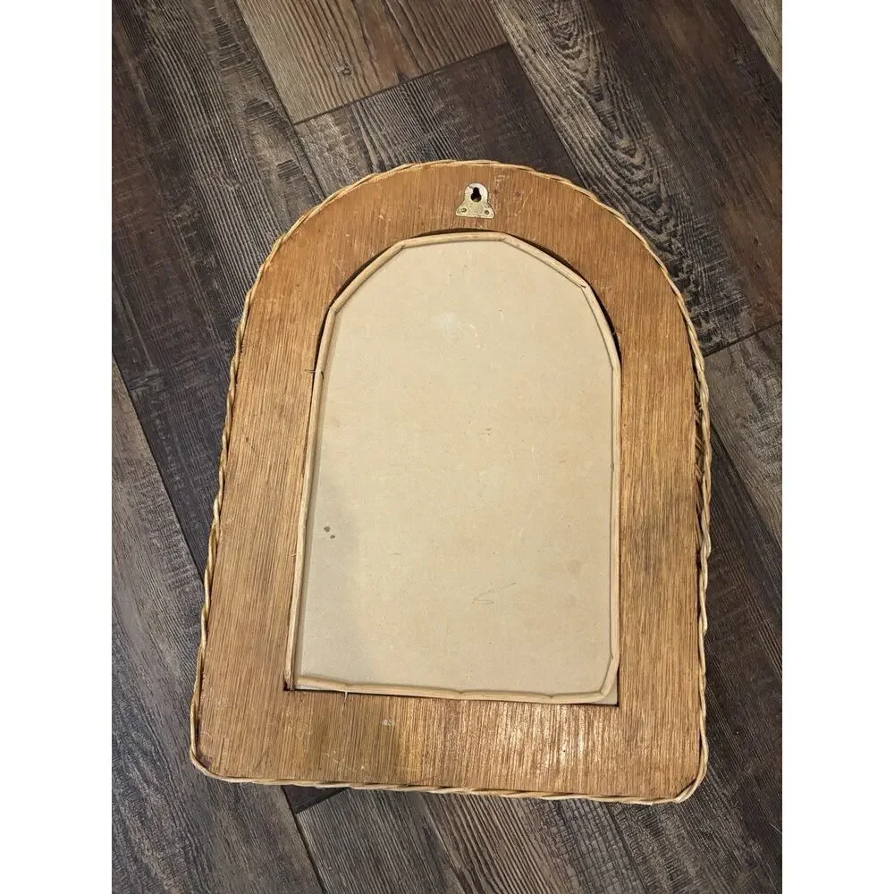 Vintage Wicker Rattan Mirror Arched Wall Hanging Boho Coastal Cottage MCM 15x12